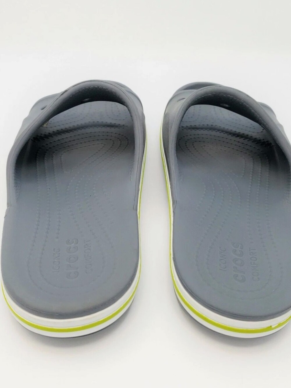 CROCS Charcoal Gray Slide with Lime Green Stripe Unisex - Picture 3 of 11
